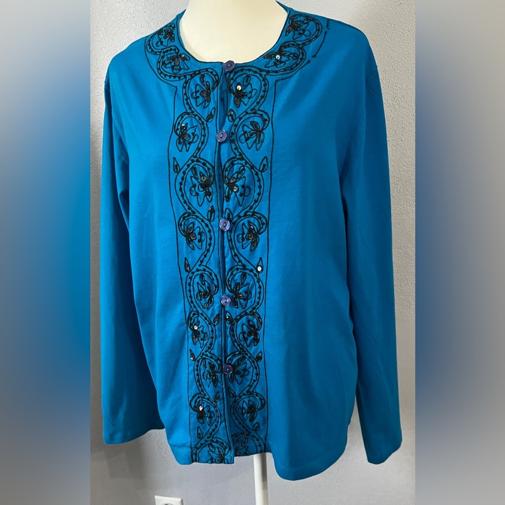 BFA Classic Blue /Black Floral Embroidered & Sequined Cotton Top Size XL